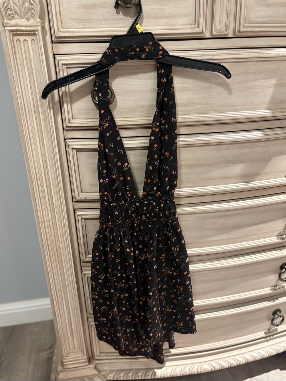 Black Floral Plunge Neck Halter Romper / Mini Dress